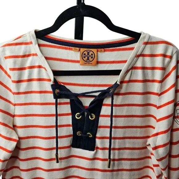 Tory Burch Orange White Striped Nautical Logo Top